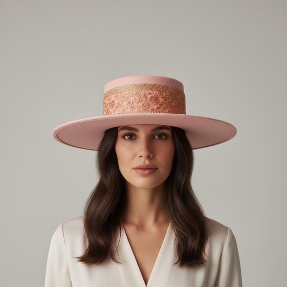 Petra Savage Pink Felt Hat Medium Gold Floral Embroidered Band 4" Brim - Picture 1 of 7